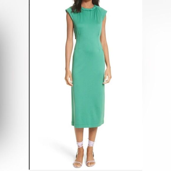 NWT TIBI Green Pique Knit ASTOR Corset Back Cutout Midi Dress - Picture 6 of 12